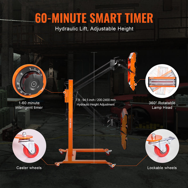 VEVOR 3300W infrasarkanā krāsas žāvēšanas lampa ar statīvu, 0,8 m² pārklājums, 1–60 min taimeris