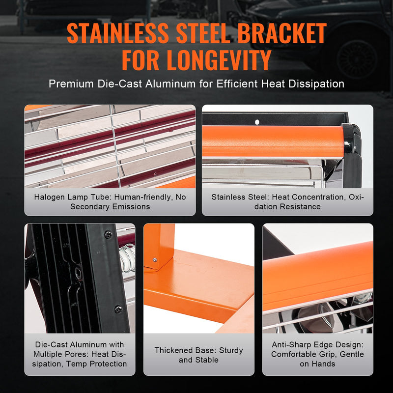 VEVOR 3300W infrasarkanā krāsas žāvēšanas lampa ar statīvu, 0,8 m² pārklājums, 1–60 min taimeris