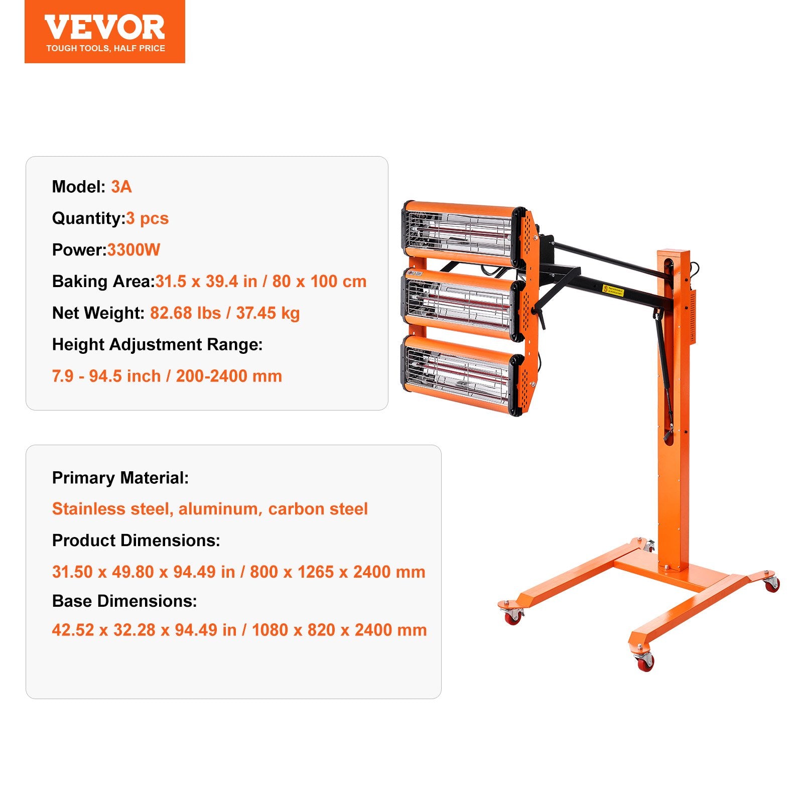 VEVOR 3300W infrasarkanā krāsas žāvēšanas lampa ar statīvu, 0,8 m² pārklājums, 1–60 min taimeris