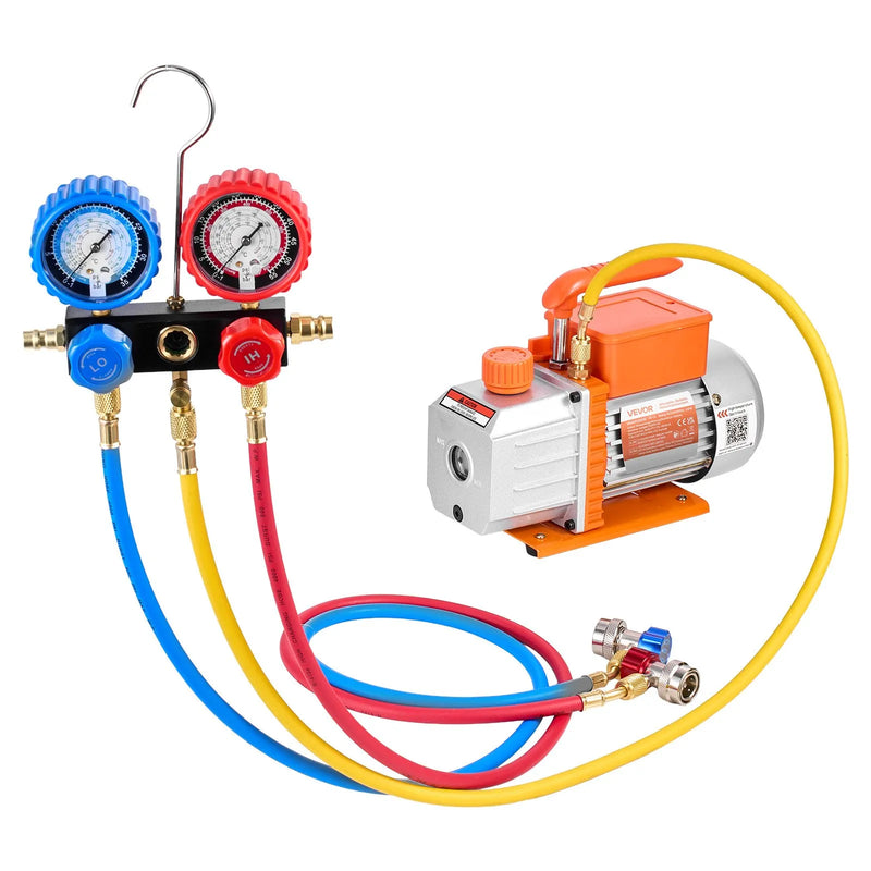 VEVOR vienpakāpes HVAC vakuuma sūknis ar manometru komplektu 127 l/min, rotācijas lāpstiņu konstrukcija, piemērots R134a, R22, R410A, R1234YF un R32, ar pārnēsāšanas somu automobiļu gaisa kondicionēšanai