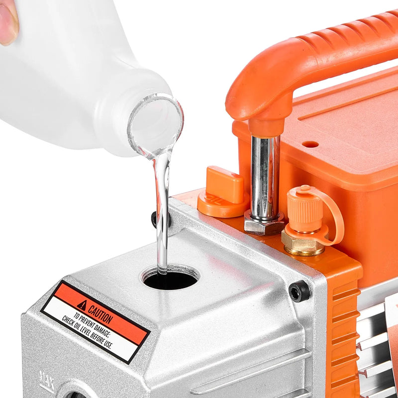 VEVOR vienpakāpes HVAC vakuuma sūknis ar manometru komplektu 127 l/min, rotācijas lāpstiņu konstrukcija, piemērots R134a, R22, R410A, R1234YF un R32, ar pārnēsāšanas somu automobiļu gaisa kondicionēšanai