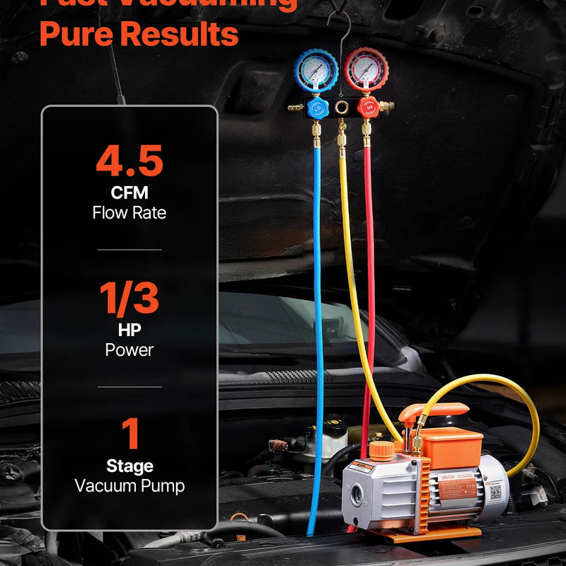 VEVOR vienpakāpes HVAC vakuuma sūknis ar manometru komplektu 127 l/min, rotācijas lāpstiņu konstrukcija, piemērots R134a, R22, R410A, R1234YF un R32, ar pārnēsāšanas somu automobiļu gaisa kondicionēšanai