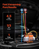 VEVOR vienpakāpes HVAC vakuuma sūknis ar manometru komplektu 127 l/min, rotācijas lāpstiņu konstrukcija, piemērots R134a, R22, R410A, R1234YF un R32, ar pārnēsāšanas somu automobiļu gaisa kondicionēšanai