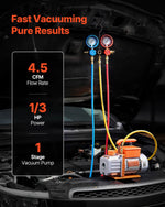 VEVOR vienpakāpes HVAC vakuuma sūknis ar manometru komplektu 127 l/min, rotācijas lāpstiņu konstrukcija, piemērots R134a, R22, R410A, R1234YF un R32, ar pārnēsāšanas somu automobiļu gaisa kondicionēšanai
