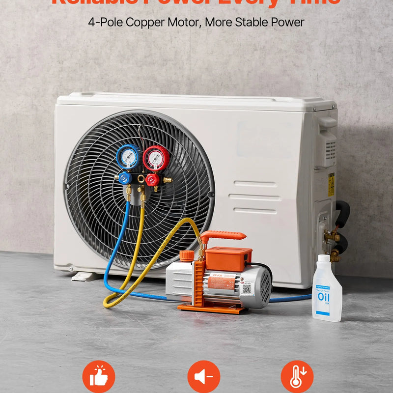 VEVOR vienpakāpes HVAC vakuuma sūknis ar manometru komplektu 127 l/min, rotācijas lāpstiņu konstrukcija, piemērots R134a, R22, R410A, R1234YF un R32, ar pārnēsāšanas somu automobiļu gaisa kondicionēšanai