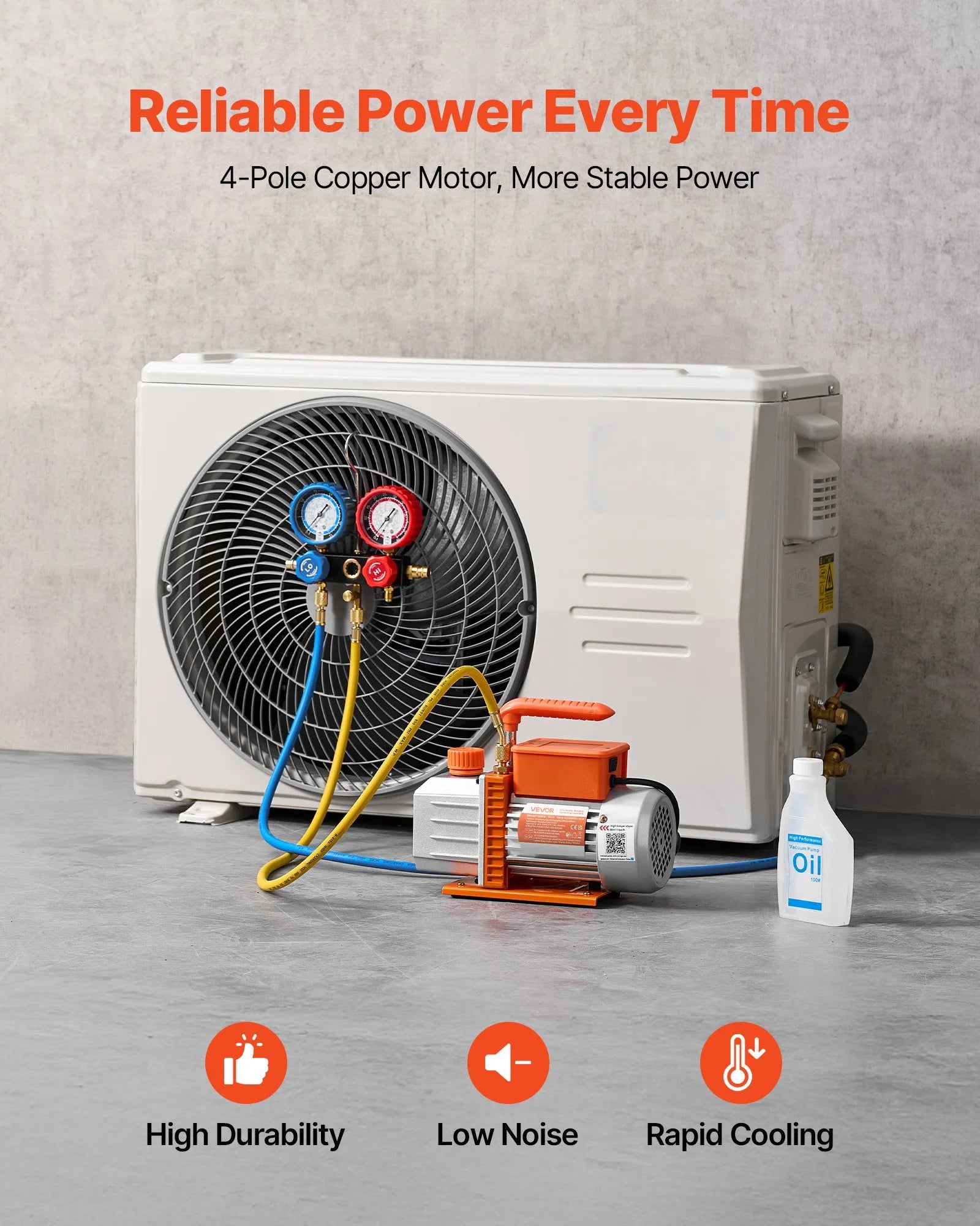 VEVOR vienpakāpes HVAC vakuuma sūknis ar manometru komplektu 127 l/min, rotācijas lāpstiņu konstrukcija, piemērots R134a, R22, R410A, R1234YF un R32, ar pārnēsāšanas somu automobiļu gaisa kondicionēšanai