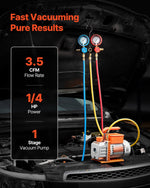 VEVOR gaisa kondicionēšanas vakuumsūkņa un manometru komplekts 99 l/min, vienpakāpes rotācijas lāpstiņu HVAC vakuumsūknis automobiļu un HVAC sistēmām R134a, R22, R410a, R1234YF un R32, ar pārnēsāšanas somu