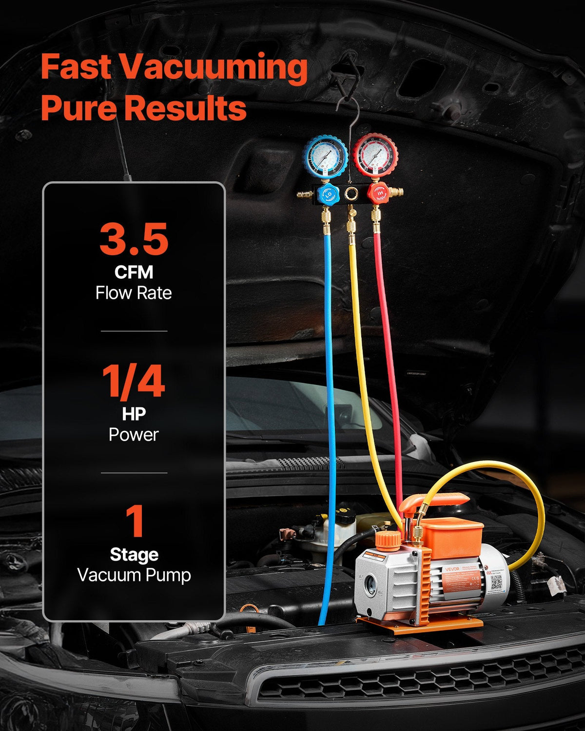 VEVOR gaisa kondicionēšanas vakuumsūkņa un manometru komplekts 99 l/min, vienpakāpes rotācijas lāpstiņu HVAC vakuumsūknis automobiļu un HVAC sistēmām R134a, R22, R410a, R1234YF un R32, ar pārnēsāšanas somu
