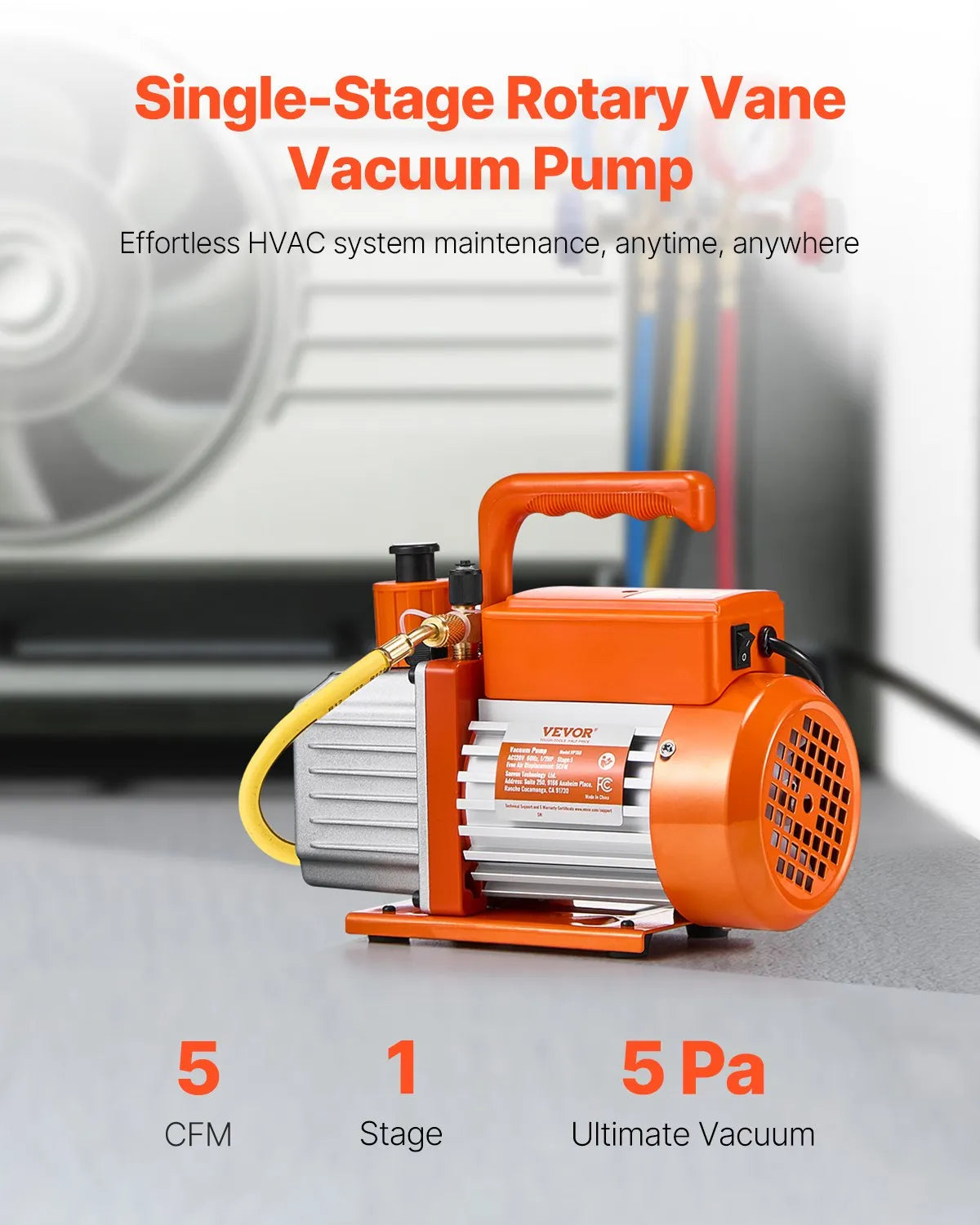 VEVOR vakuuma sūknis 300 l/min, vienpakāpes rotācijas lāpstiņu HVAC vakuuma sūknis R134a / R22 / R410a sistēmām, komplekts ar eļļas pudeli, paredzēts automobiļu kondicionieru apkopei un sveķu degazēšanai