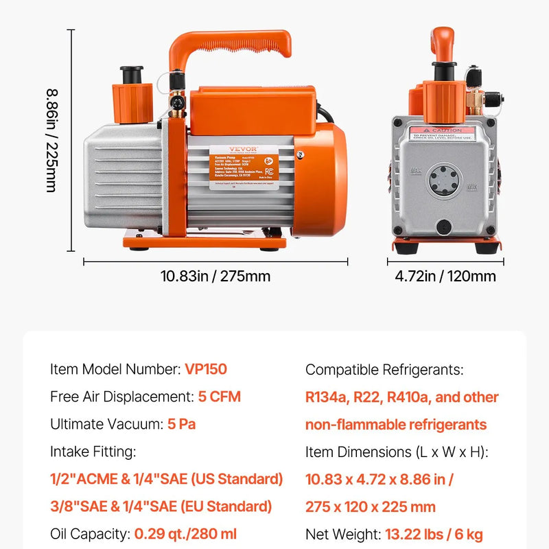 VEVOR vakuuma sūknis 300 l/min, vienpakāpes rotācijas lāpstiņu HVAC vakuuma sūknis R134a / R22 / R410a sistēmām, komplekts ar eļļas pudeli, paredzēts automobiļu kondicionieru apkopei un sveķu degazēšanai