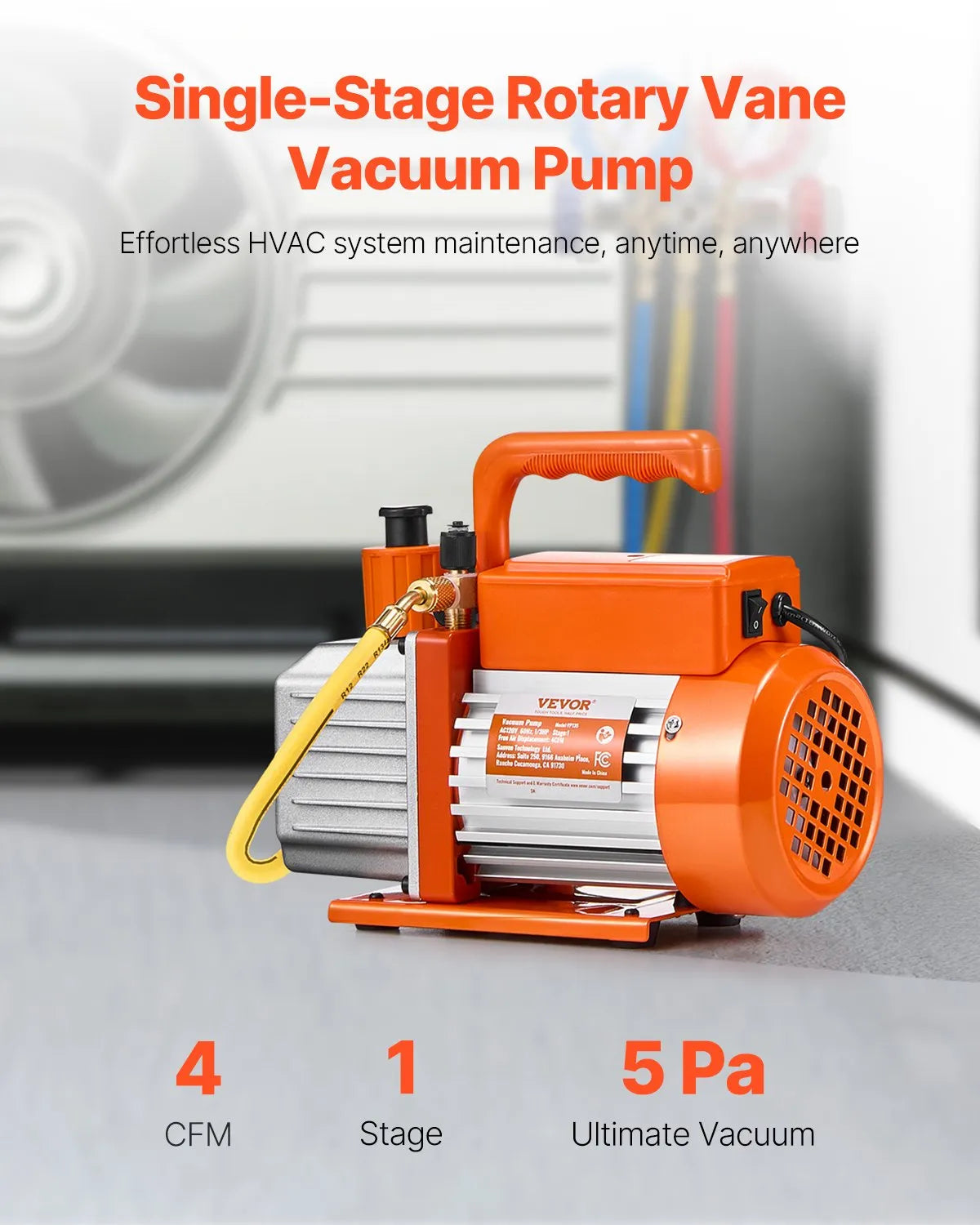 VEVOR vakuuma sūknis 233 l/min, vienpakāpes rotācijas lāpstiņu HVAC vakuuma sūknis R134a / R22 / R410a sistēmām, komplekts ar eļļas pudeli, paredzēts automobiļu gaisa kondicionieru apkopei un sveķu degazēšanai