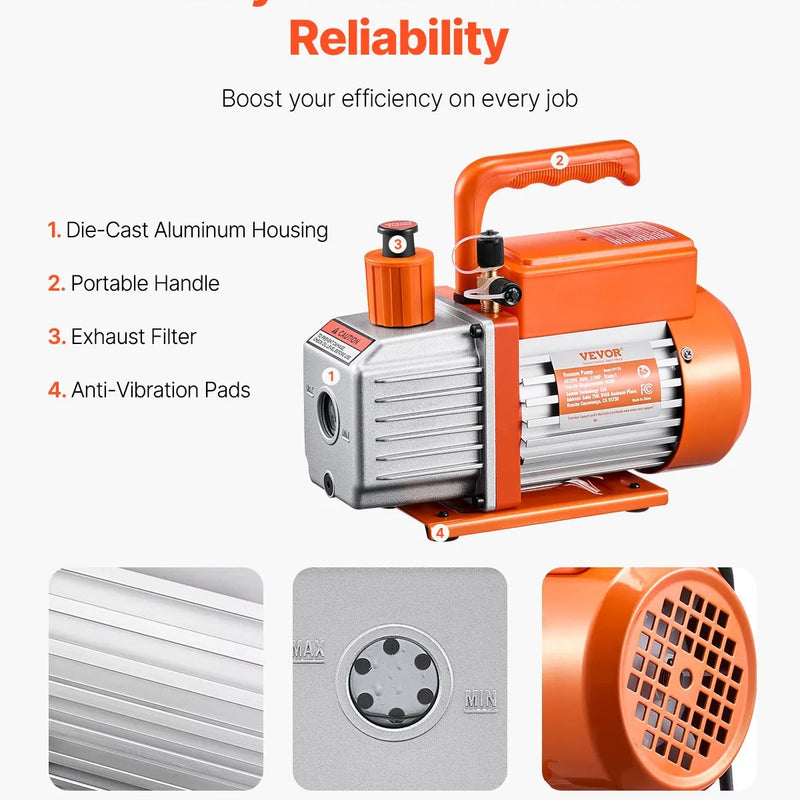 VEVOR vakuuma sūknis 233 l/min, vienpakāpes rotācijas lāpstiņu HVAC vakuuma sūknis R134a / R22 / R410a sistēmām, komplekts ar eļļas pudeli, paredzēts automobiļu gaisa kondicionieru apkopei un sveķu degazēšanai