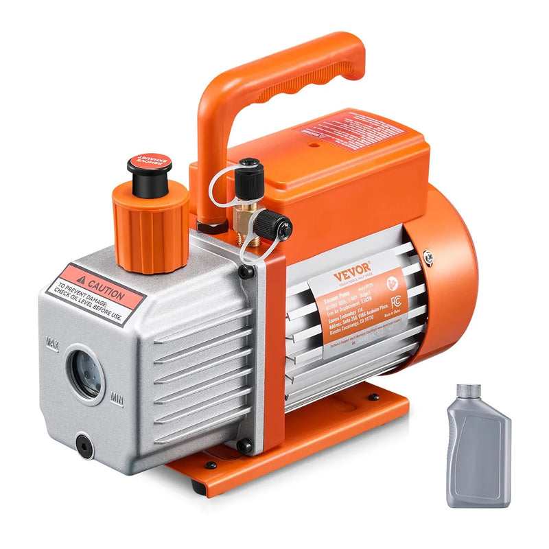 VEVOR vakuuma sūknis 217 l/min, vienpakāpes rotācijas lāpstiņu HVAC vakuuma sūknis R134a / R22 / R410a sistēmām, komplekts ar eļļas pudeli, paredzēts automobiļu gaisa kondicionieru apkopei un sveķu degazēšanai