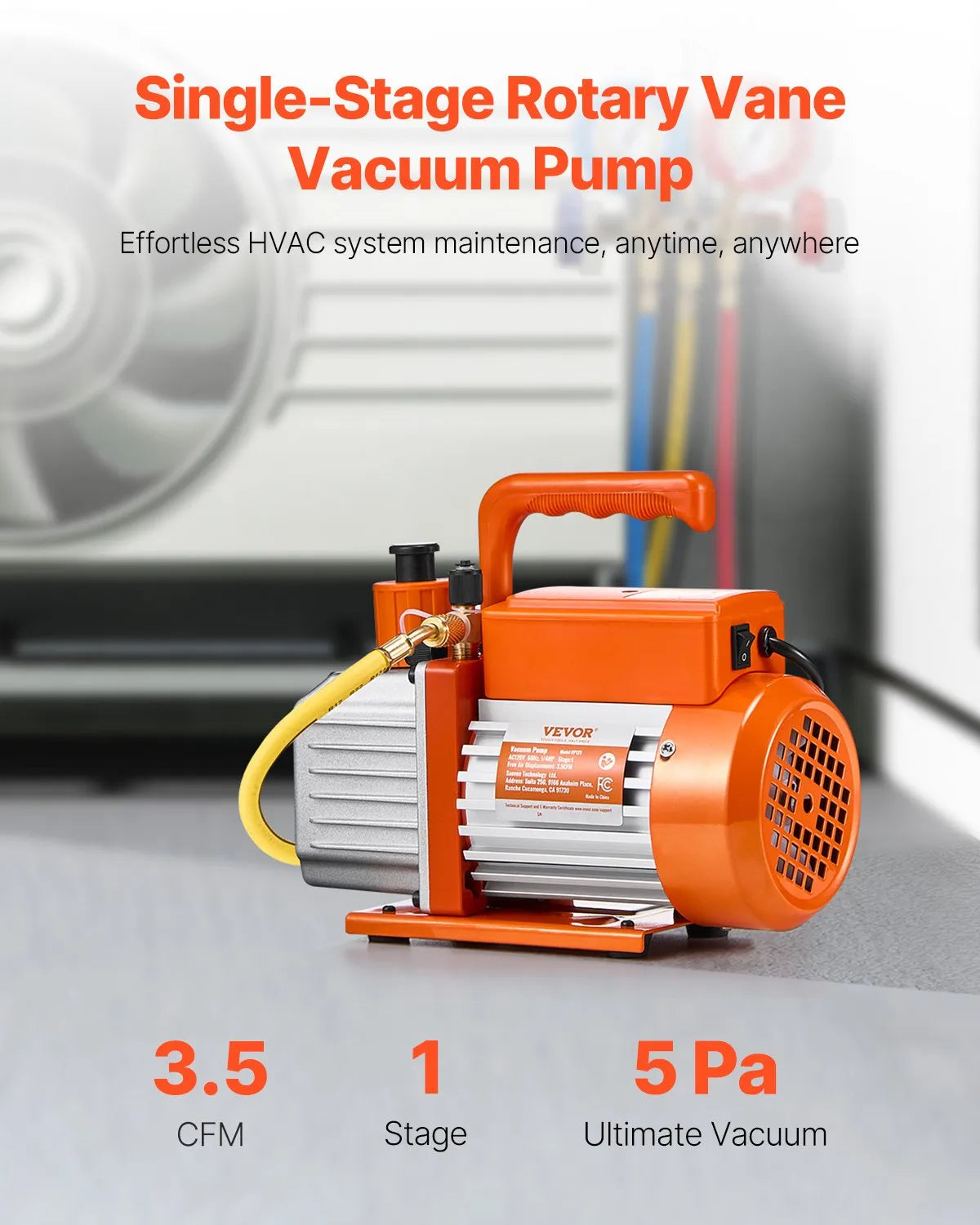 VEVOR vakuuma sūknis 217 l/min, vienpakāpes rotācijas lāpstiņu HVAC vakuuma sūknis R134a / R22 / R410a sistēmām, komplekts ar eļļas pudeli, paredzēts automobiļu gaisa kondicionieru apkopei un sveķu degazēšanai