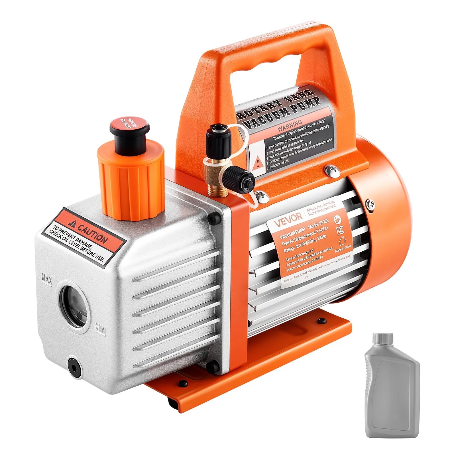 VEVOR vakuuma sūknis 100 l/min, vienpakāpes rotācijas lāpstiņu HVAC AC vakuuma sūknis ar 4 polu motoru, 5 Pa galējais vakuums, paredzēts R134a / R22 / R410a sistēmām, komplekts ar eļļas pudeli, automobiļu kondicionieru apkopei un sveķu degazēšanai