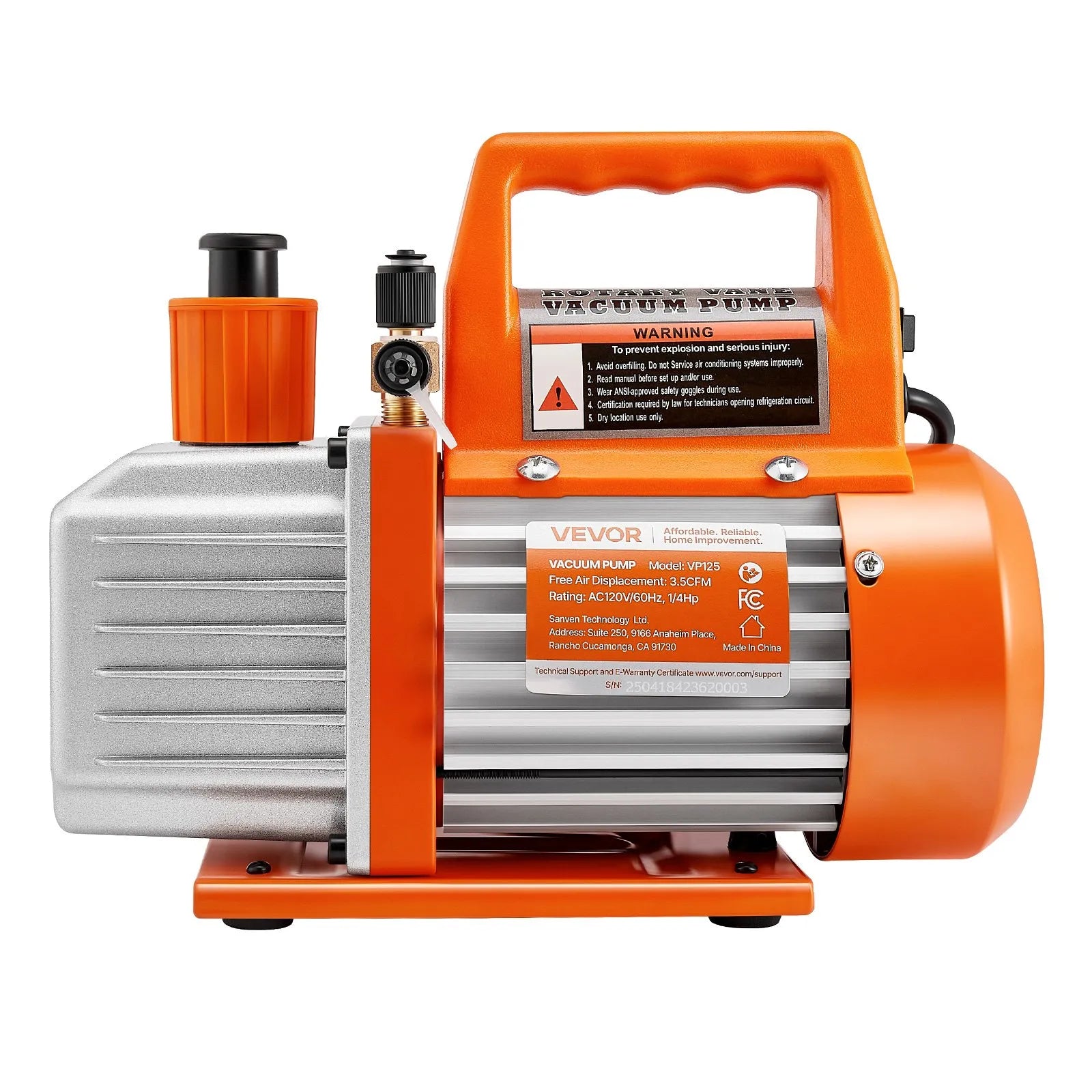 VEVOR vakuuma sūknis 100 l/min, vienpakāpes rotācijas lāpstiņu HVAC AC vakuuma sūknis ar 4 polu motoru, 5 Pa galējais vakuums, paredzēts R134a / R22 / R410a sistēmām, komplekts ar eļļas pudeli, automobiļu kondicionieru apkopei un sveķu degazēšanai