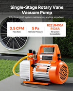 VEVOR vakuuma sūknis 100 l/min, vienpakāpes rotācijas lāpstiņu HVAC AC vakuuma sūknis ar 4 polu motoru, 5 Pa galējais vakuums, paredzēts R134a / R22 / R410a sistēmām, komplekts ar eļļas pudeli, automobiļu kondicionieru apkopei un sveķu degazēšanai