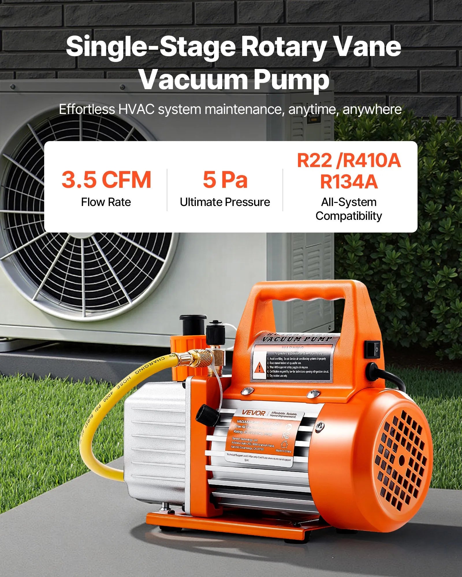VEVOR vakuuma sūknis 100 l/min, vienpakāpes rotācijas lāpstiņu HVAC AC vakuuma sūknis ar 4 polu motoru, 5 Pa galējais vakuums, paredzēts R134a / R22 / R410a sistēmām, komplekts ar eļļas pudeli, automobiļu kondicionieru apkopei un sveķu degazēšanai