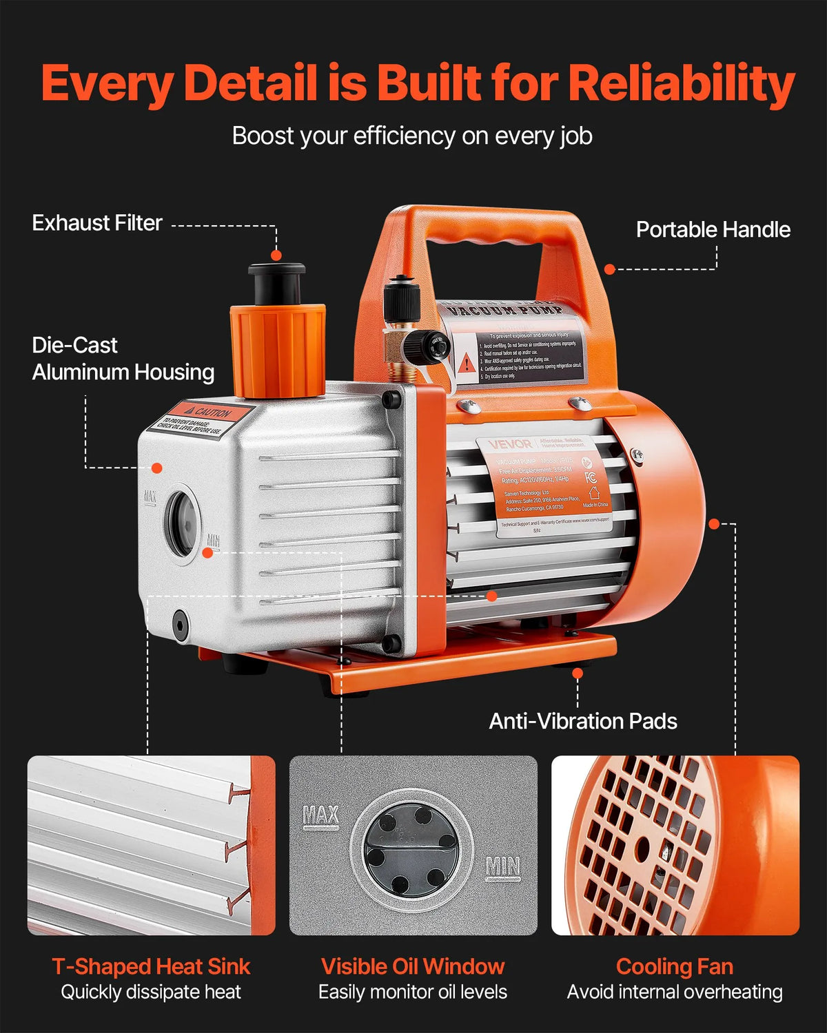 VEVOR vakuuma sūknis 100 l/min, vienpakāpes rotācijas lāpstiņu HVAC AC vakuuma sūknis ar 4 polu motoru, 5 Pa galējais vakuums, paredzēts R134a / R22 / R410a sistēmām, komplekts ar eļļas pudeli, automobiļu kondicionieru apkopei un sveķu degazēšanai