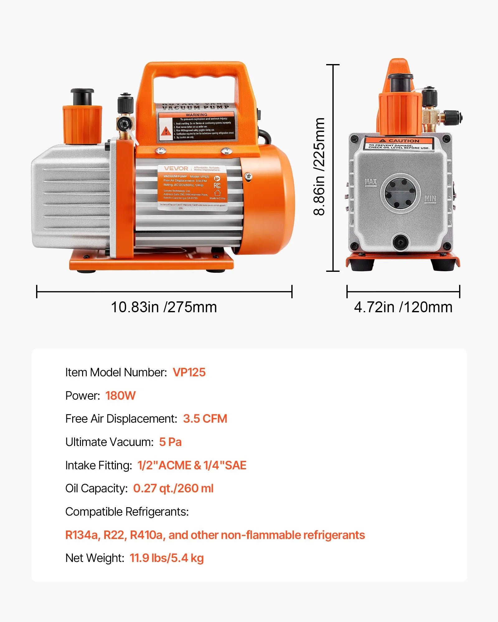 VEVOR vakuuma sūknis 100 l/min, vienpakāpes rotācijas lāpstiņu HVAC AC vakuuma sūknis ar 4 polu motoru, 5 Pa galējais vakuums, paredzēts R134a / R22 / R410a sistēmām, komplekts ar eļļas pudeli, automobiļu kondicionieru apkopei un sveķu degazēšanai
