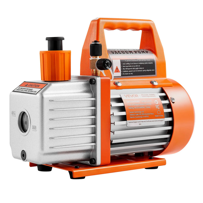 VEVOR vakuuma sūknis 100 l/min, vienpakāpes rotācijas lāpstiņu HVAC AC vakuuma sūknis ar 4 polu motoru, 5 Pa galējais vakuums, paredzēts R134a / R22 / R410a sistēmām, komplekts ar eļļas pudeli, automobiļu kondicionieru apkopei un sveķu degazēšanai