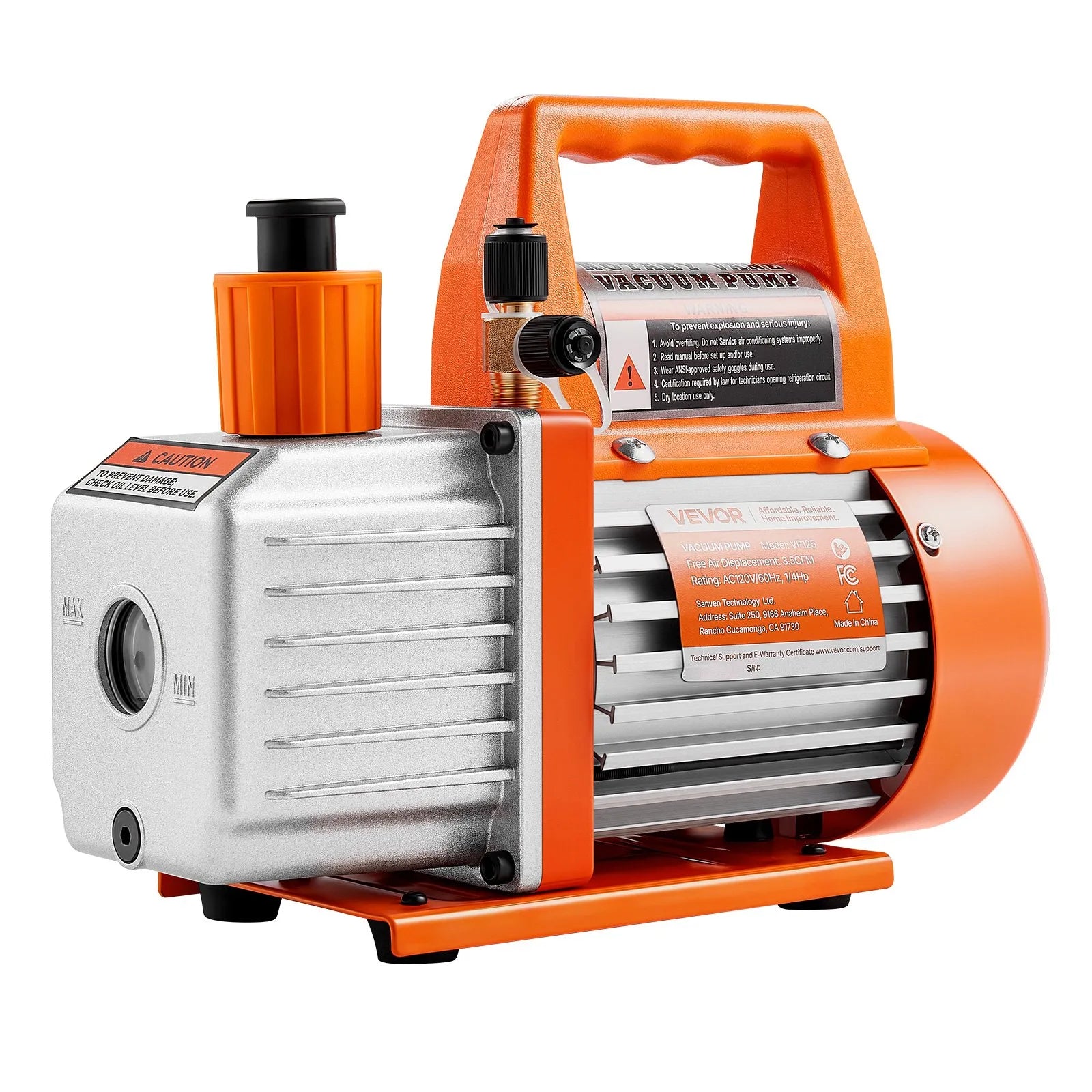 VEVOR vakuuma sūknis 100 l/min, vienpakāpes rotācijas lāpstiņu HVAC AC vakuuma sūknis ar 4 polu motoru, 5 Pa galējais vakuums, paredzēts R134a / R22 / R410a sistēmām, komplekts ar eļļas pudeli, automobiļu kondicionieru apkopei un sveķu degazēšanai