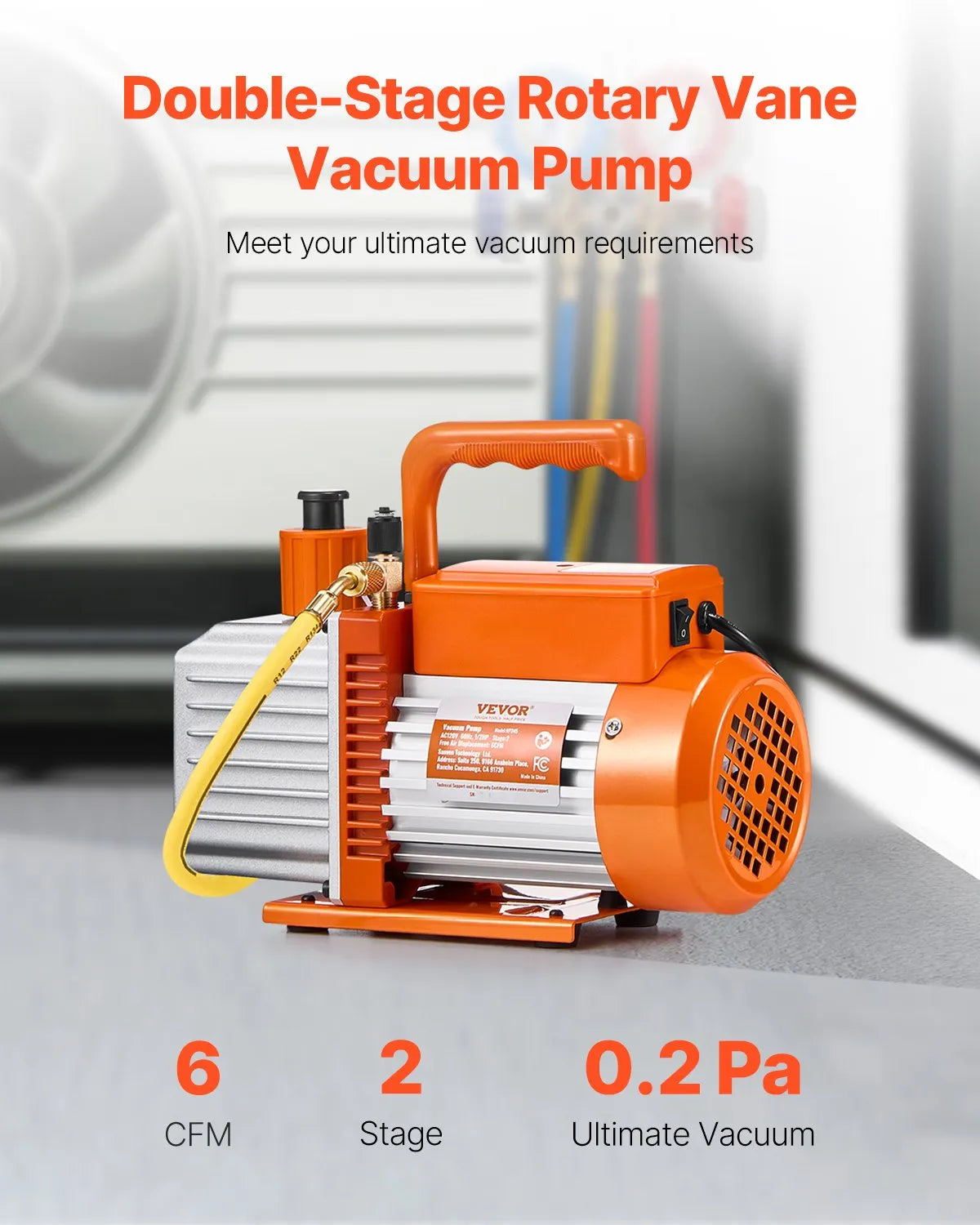 VEVOR vakuumsūknis 367 l/min (6 CFM), divpakāpju rotācijas lāpstiņu HVAC vakuumsūknis automobiļu gaisa kondicionēšanas sistēmām, piemērots R134a, R22 un R410a, komplekts ar eļļas pudeli kondicionieru apkopei un sveķu degazēšanai