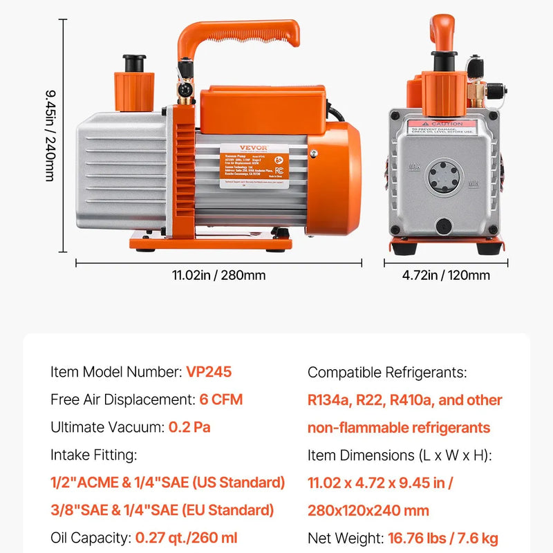 VEVOR vakuumsūknis 367 l/min (6 CFM), divpakāpju rotācijas lāpstiņu HVAC vakuumsūknis automobiļu gaisa kondicionēšanas sistēmām, piemērots R134a, R22 un R410a, komplekts ar eļļas pudeli kondicionieru apkopei un sveķu degazēšanai