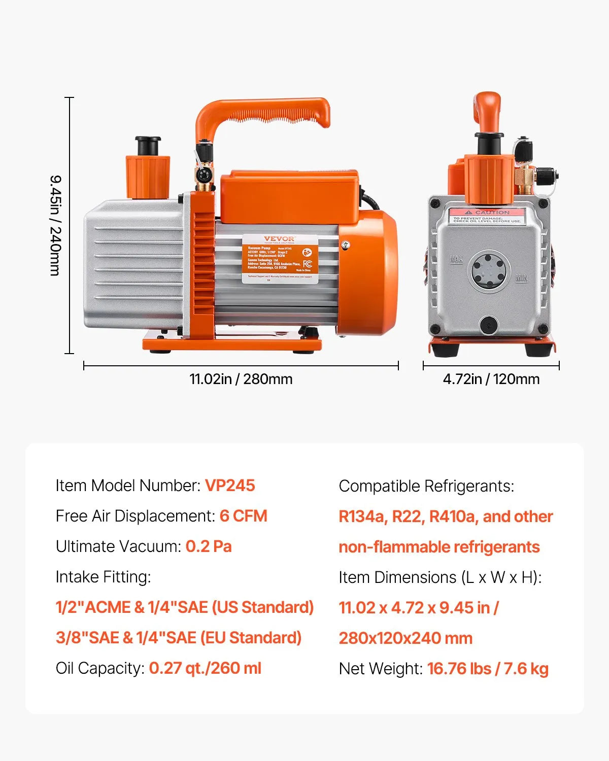 VEVOR vakuumsūknis 367 l/min (6 CFM), divpakāpju rotācijas lāpstiņu HVAC vakuumsūknis automobiļu gaisa kondicionēšanas sistēmām, piemērots R134a, R22 un R410a, komplekts ar eļļas pudeli kondicionieru apkopei un sveķu degazēšanai
