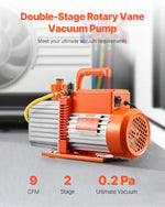 VEVOR vakuumsūknis 533 l/min, divpakāpju rotācijas lāpstiņu HVAC vakuumsūknis R134a, R22 un R410a sistēmām, automobiļu gaisa kondicionēšanas apkopei un sveķu degazēšanai ar eļļas pudeli