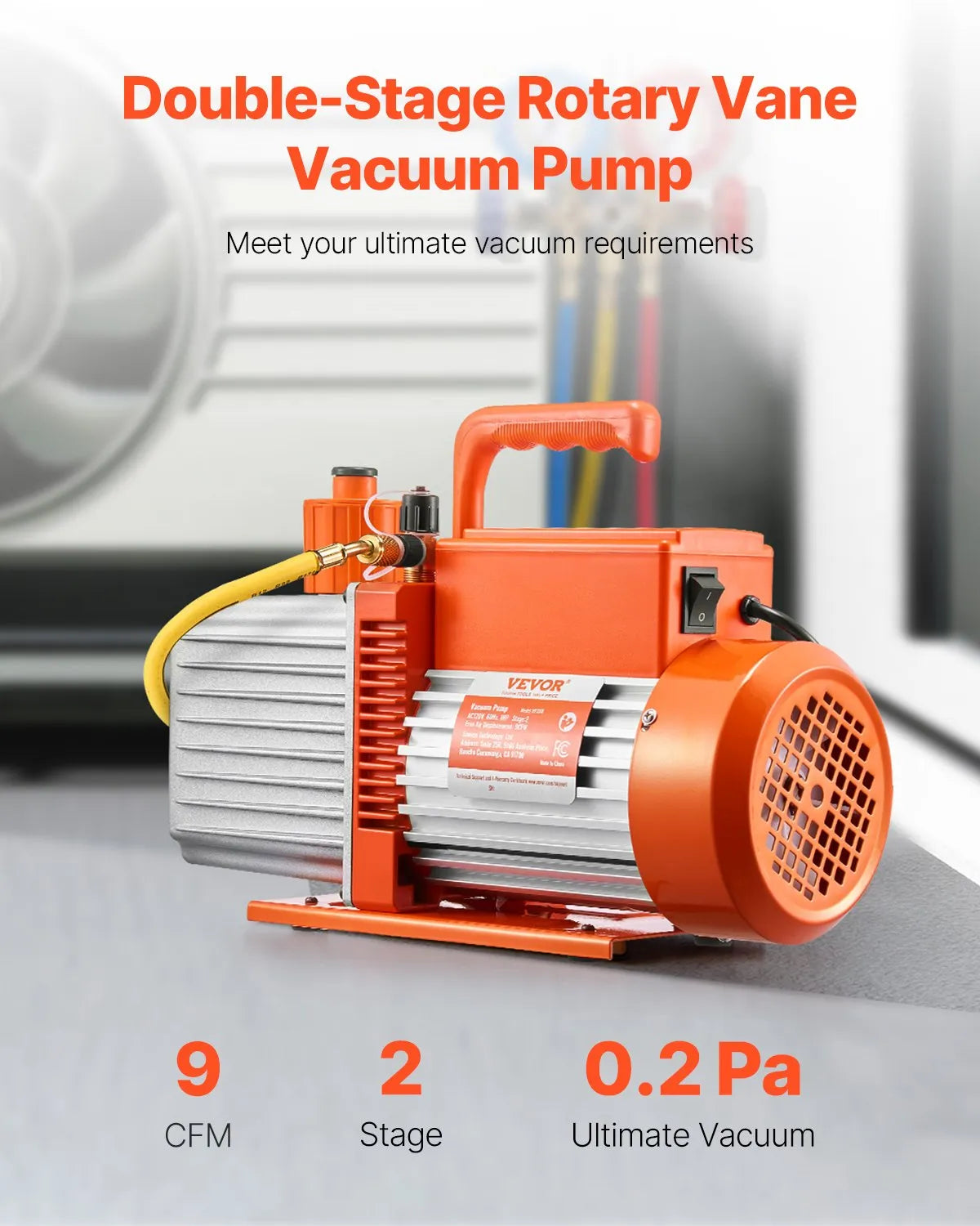 VEVOR vakuumsūknis 533 l/min, divpakāpju rotācijas lāpstiņu HVAC vakuumsūknis R134a, R22 un R410a sistēmām, automobiļu gaisa kondicionēšanas apkopei un sveķu degazēšanai ar eļļas pudeli