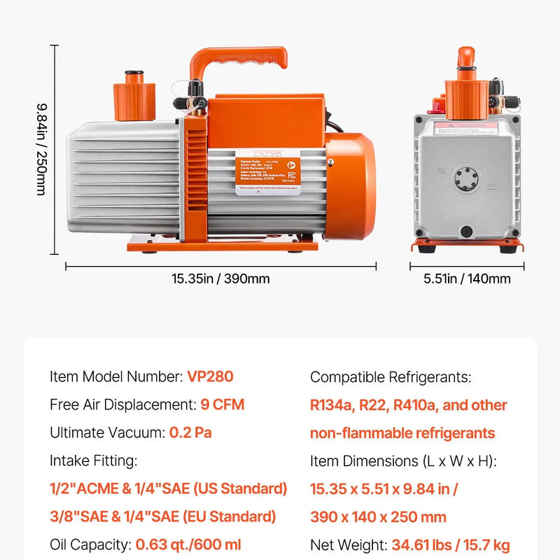 VEVOR vakuumsūknis 533 l/min, divpakāpju rotācijas lāpstiņu HVAC vakuumsūknis R134a, R22 un R410a sistēmām, automobiļu gaisa kondicionēšanas apkopei un sveķu degazēšanai ar eļļas pudeli