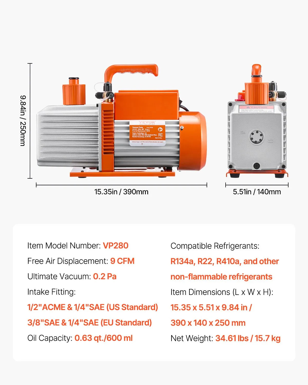 VEVOR vakuumsūknis 533 l/min, divpakāpju rotācijas lāpstiņu HVAC vakuumsūknis R134a, R22 un R410a sistēmām, automobiļu gaisa kondicionēšanas apkopei un sveķu degazēšanai ar eļļas pudeli