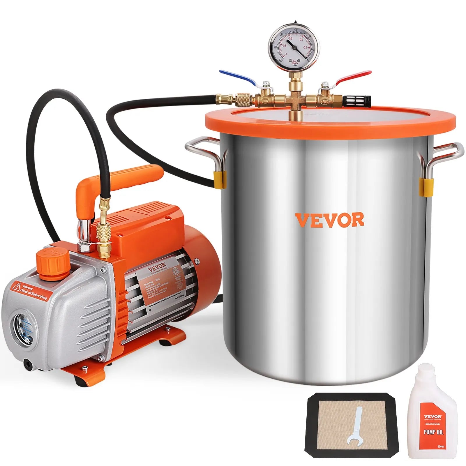 VEVOR vakuuma kamera 18,9 l ar vienpakāpes vakuuma sūkni 99 l/min, rūdīta stikla vāks, ar 250 ml eļļas pudeli, paredzēta koksnes stabilizēšanai, silikonu un epoksīdu degazācijai
