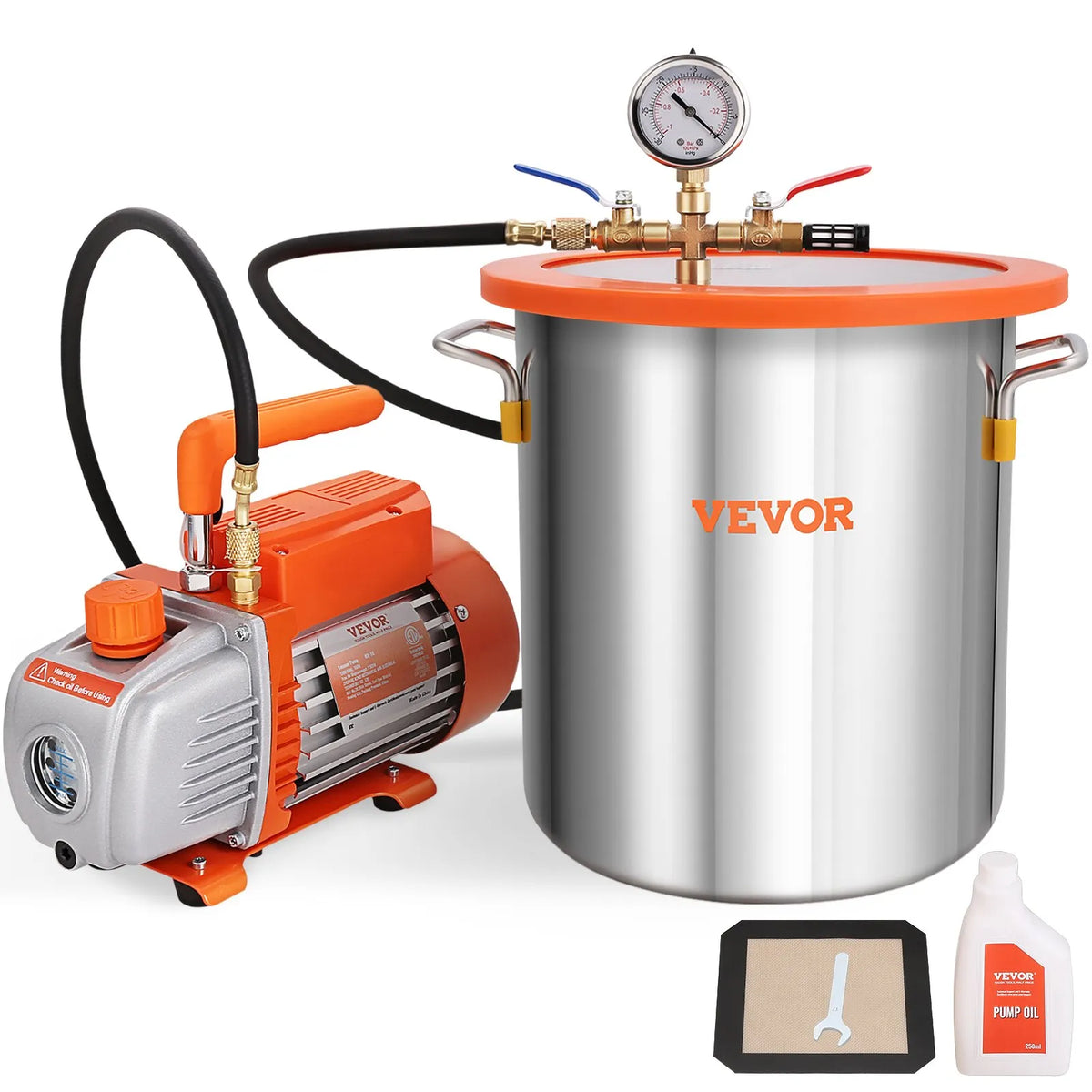 VEVOR vakuuma kamera 18,9 l ar vienpakāpes vakuuma sūkni 99 l/min, rūdīta stikla vāks, ar 250 ml eļļas pudeli, paredzēta koksnes stabilizēšanai, silikonu un epoksīdu degazācijai