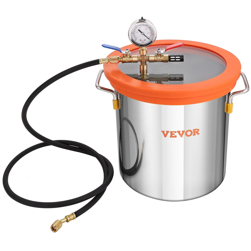 VEVOR vakuuma kamera 18,9 l ar vienpakāpes vakuuma sūkni 99 l/min, rūdīta stikla vāks, ar 250 ml eļļas pudeli, paredzēta koksnes stabilizēšanai, silikonu un epoksīdu degazācijai