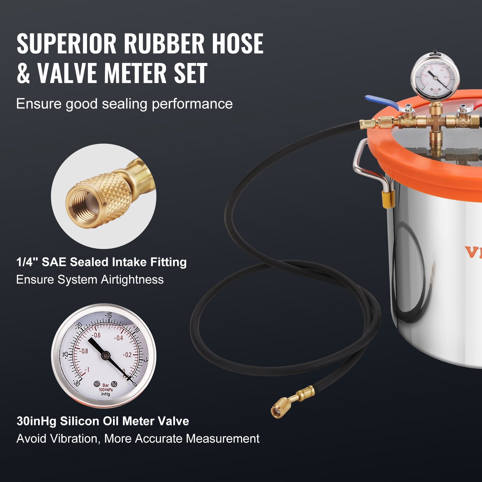 VEVOR vakuuma kamera 18,9 l ar vienpakāpes vakuuma sūkni 99 l/min, rūdīta stikla vāks, ar 250 ml eļļas pudeli, paredzēta koksnes stabilizēšanai, silikonu un epoksīdu degazācijai