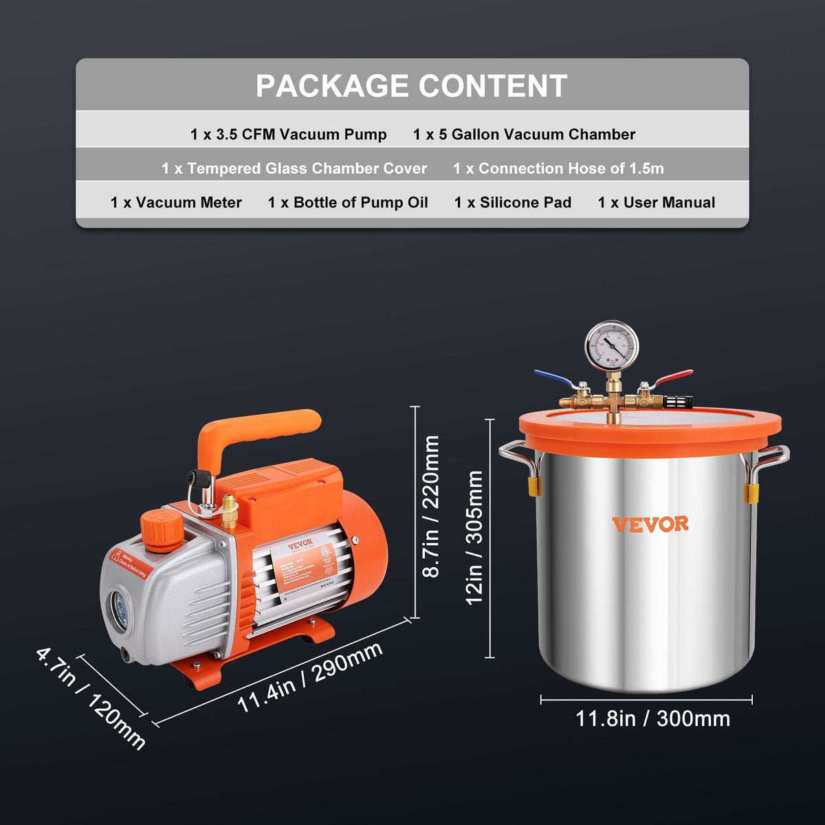 VEVOR vakuuma kamera 18,9 l ar vienpakāpes vakuuma sūkni 99 l/min, rūdīta stikla vāks, ar 250 ml eļļas pudeli, paredzēta koksnes stabilizēšanai, silikonu un epoksīdu degazācijai