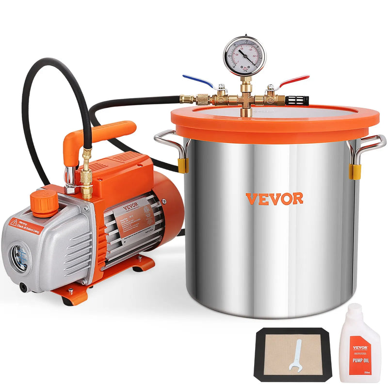 VEVOR vakuuma kamera 11,4 l ar vienpakāpes vakuuma sūkni 99 l/min, rūdīta stikla vāks, ar 250 ml eļļas pudeli, paredzēta koksnes stabilizēšanai un silikonu un epoksīdu degazācijai