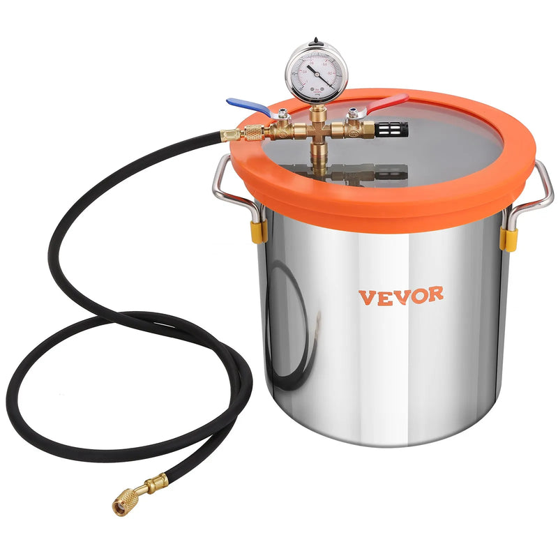 VEVOR vakuuma kamera 11,4 l ar vienpakāpes vakuuma sūkni 99 l/min, rūdīta stikla vāks, ar 250 ml eļļas pudeli, paredzēta koksnes stabilizēšanai un silikonu un epoksīdu degazācijai
