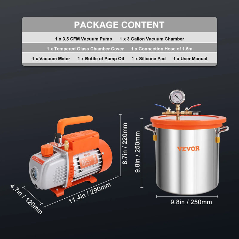 VEVOR vakuuma kamera 11,4 l ar vienpakāpes vakuuma sūkni 99 l/min, rūdīta stikla vāks, ar 250 ml eļļas pudeli, paredzēta koksnes stabilizēšanai un silikonu un epoksīdu degazācijai