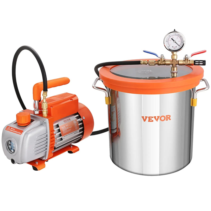 VEVOR vakuuma kamera 11,4 l ar vienpakāpes vakuuma sūkni 99 l/min, rūdīta stikla vāks, ar 250 ml eļļas pudeli, paredzēta koksnes stabilizēšanai un silikonu un epoksīdu degazācijai