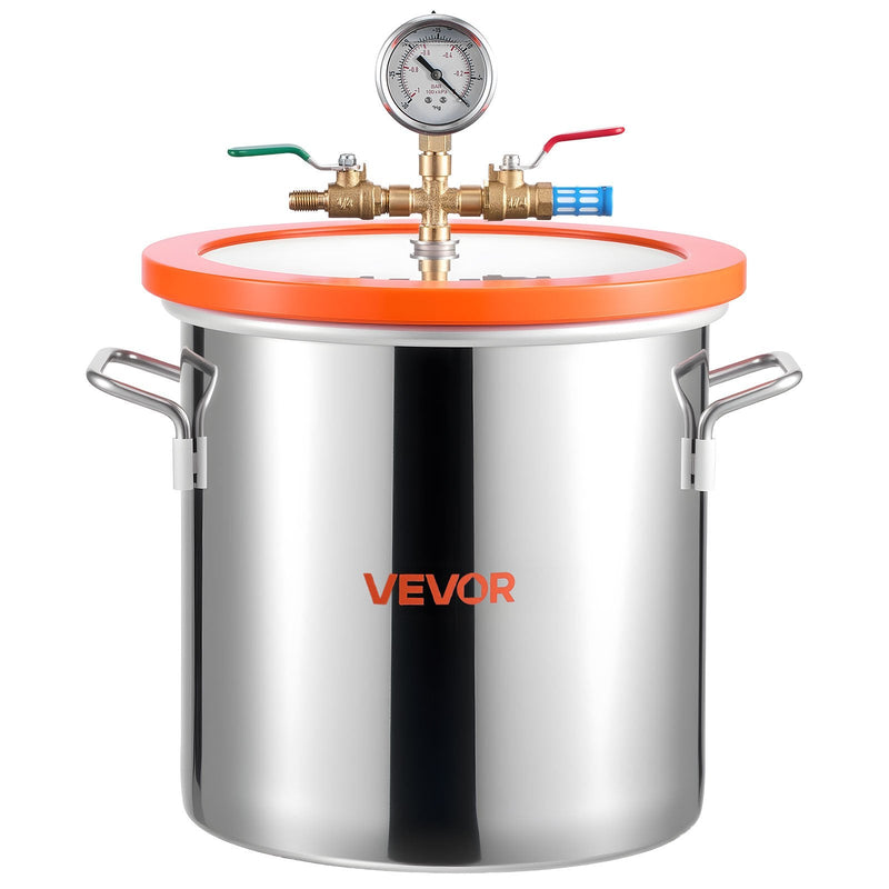 VEVOR 11,36 l vakuuma kamera ar sūkni, 99 l/min vienpakāpes vakuuma sūknis, nerūsējošā tērauda degazēšanas kameras komplekts ar rūdīta stikla vāku, 1,5 m šļūtene, paredzēta koksnes stabilizēšanai un silikona sveķu degazēšanai.