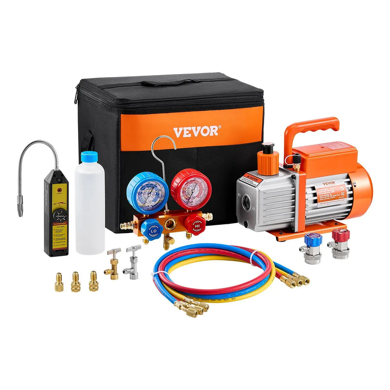 VEVOR vienpakāpes HVAC vakuuma sūknis ar manometru komplektu 267 l/min, rotācijas lāpstiņu konstrukcija, ar noplūžu noteikšanas šļūtenēm, piemērots R134a, R12, R22, R502A, R410A, R404 un R407C
