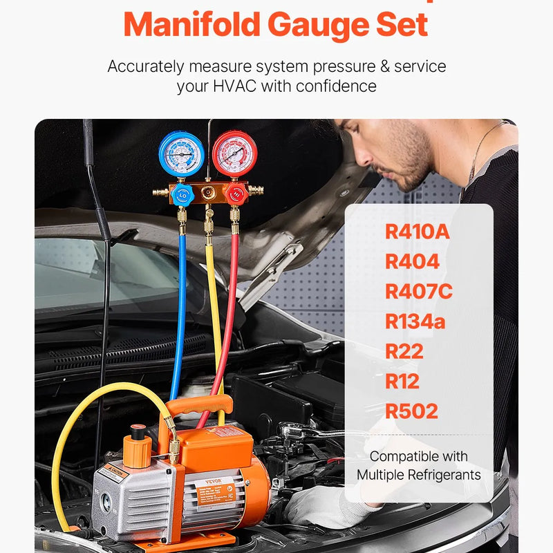 VEVOR vienpakāpes HVAC vakuuma sūknis ar manometru komplektu 267 l/min, rotācijas lāpstiņu konstrukcija, ar noplūžu noteikšanas šļūtenēm, piemērots R134a, R12, R22, R502A, R410A, R404 un R407C