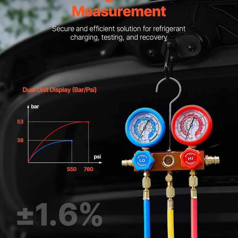 VEVOR vienpakāpes HVAC vakuuma sūknis ar manometru komplektu 267 l/min, rotācijas lāpstiņu konstrukcija, ar noplūžu noteikšanas šļūtenēm, piemērots R134a, R12, R22, R502A, R410A, R404 un R407C