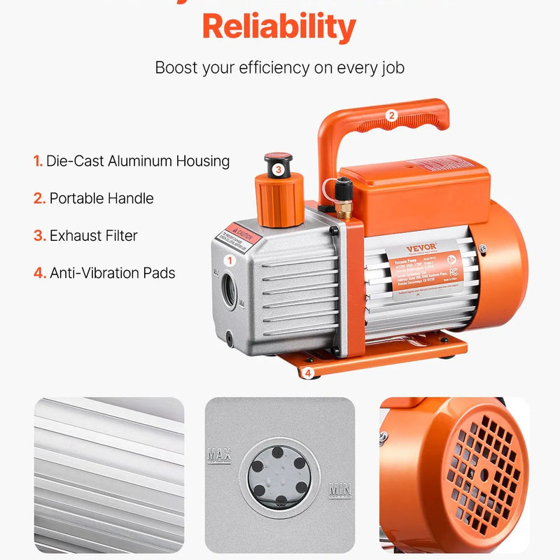 VEVOR vienpakāpes HVAC vakuuma sūknis ar manometru komplektu 267 l/min, rotācijas lāpstiņu konstrukcija, ar noplūžu noteikšanas šļūtenēm, piemērots R134a, R12, R22, R502A, R410A, R404 un R407C