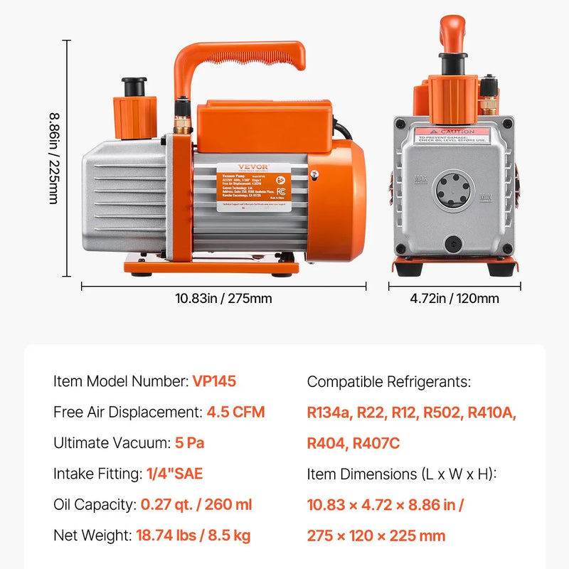 VEVOR vienpakāpes HVAC vakuuma sūknis ar manometru komplektu 267 l/min, rotācijas lāpstiņu konstrukcija, ar noplūžu noteikšanas šļūtenēm, piemērots R134a, R12, R22, R502A, R410A, R404 un R407C