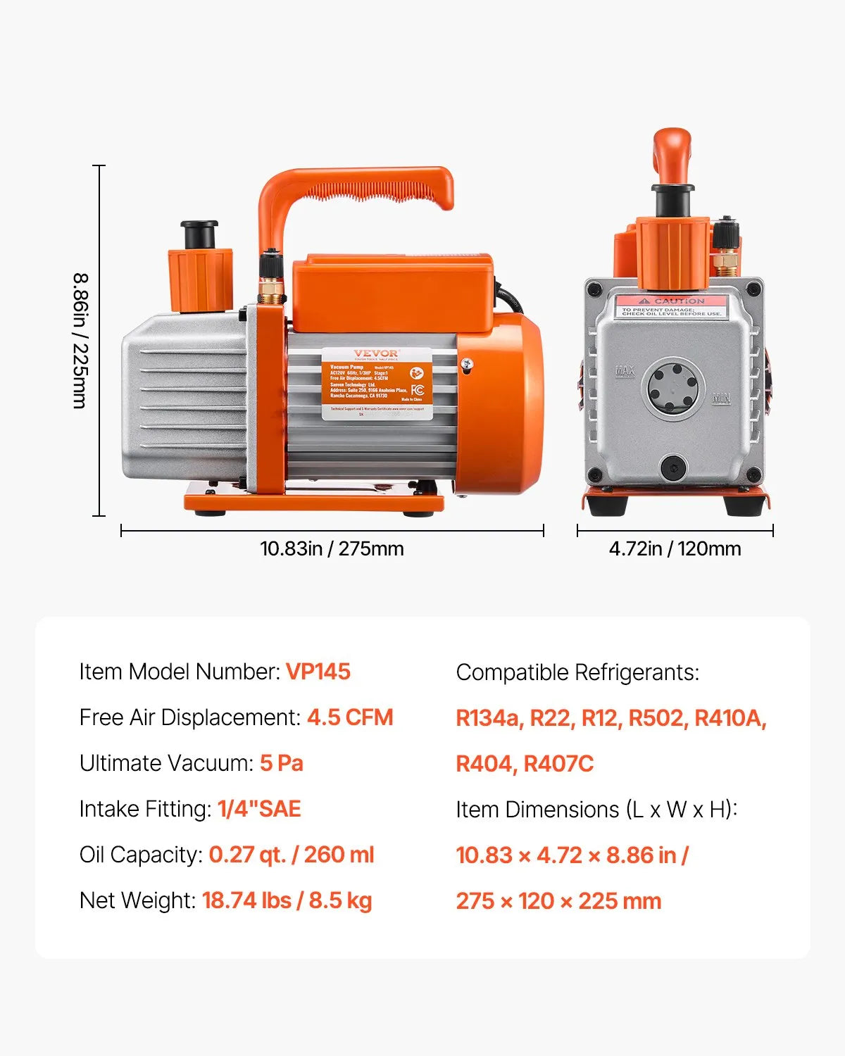 VEVOR vienpakāpes HVAC vakuuma sūknis ar manometru komplektu 267 l/min, rotācijas lāpstiņu konstrukcija, ar noplūžu noteikšanas šļūtenēm, piemērots R134a, R12, R22, R502A, R410A, R404 un R407C