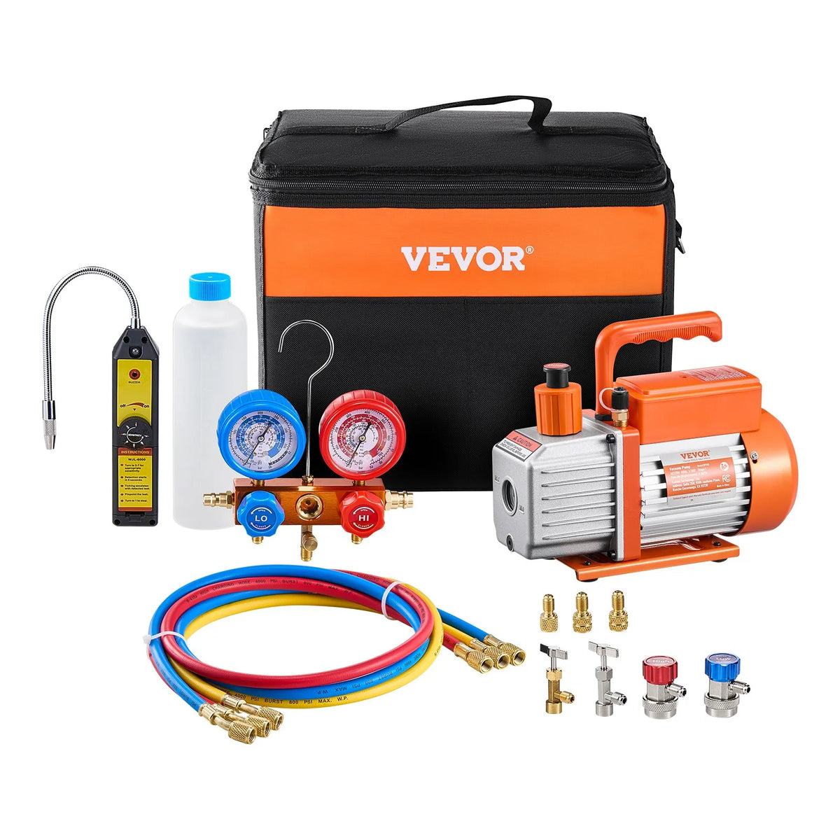 VEVOR vienpakāpes HVAC vakuuma sūknis ar manometru komplektu 267 l/min, rotācijas lāpstiņu konstrukcija, ar noplūžu noteikšanas šļūtenēm, piemērots R134a, R12, R22, R502A, R410A, R404 un R407C